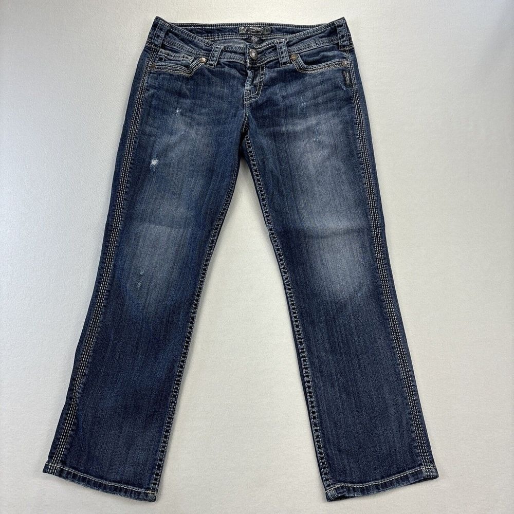 Silver Jeans Women's 28 Twisted‎ Capri Dark Wash Distressed Denim Heavy Stitch